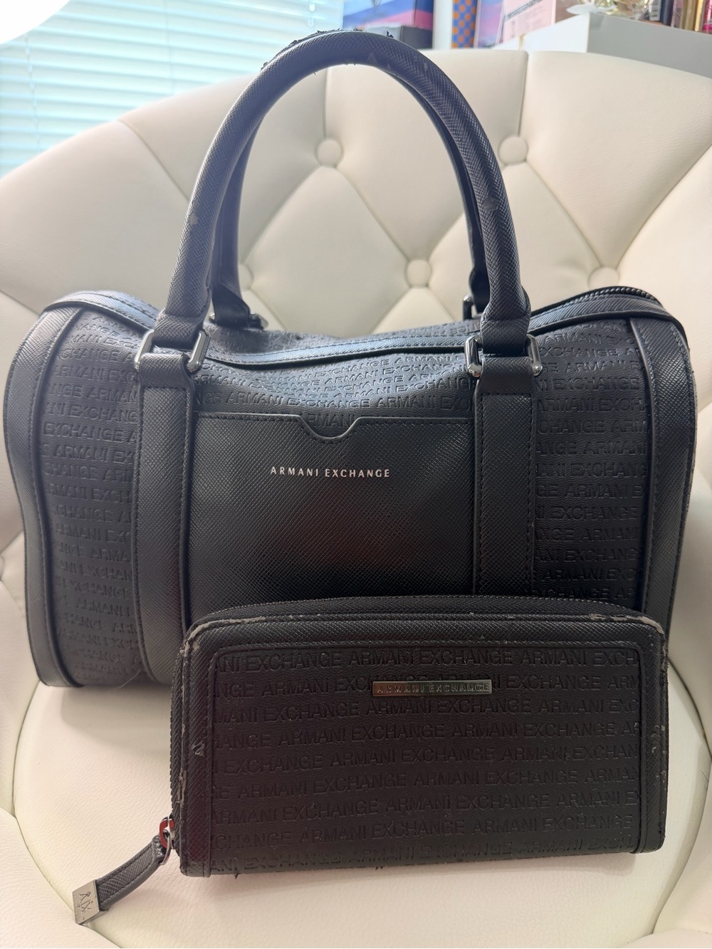 Armani Exchange Black Embossed Logo Boston with Matching Wallet